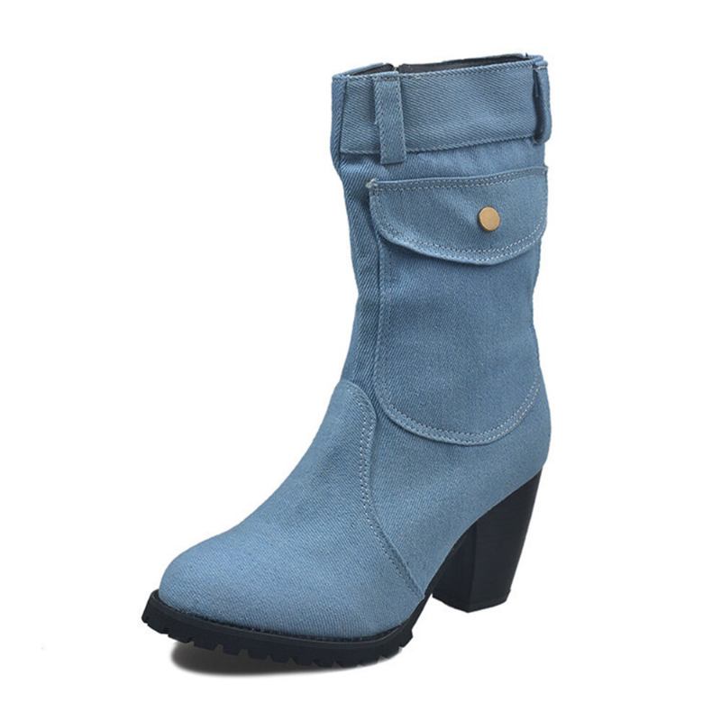 Kvinder Retro Denim Stof Side Lynlås Taske Dekor Chunky Heel Mid Calf Boots