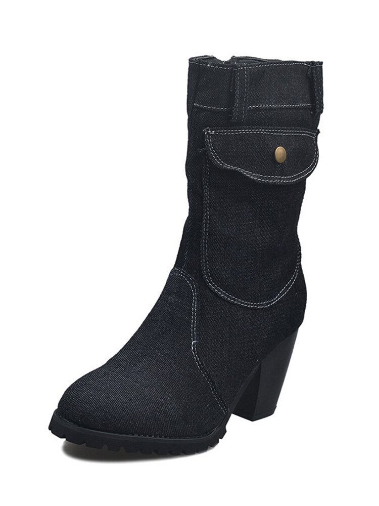 Kvinder Retro Denim Stof Side Lynlås Taske Dekor Chunky Heel Mid Calf Boots