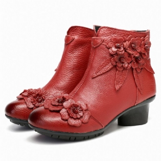 Kvinder Vintage Ægte Læder Håndlavede Blomster Lavhælede Ankelstøvler