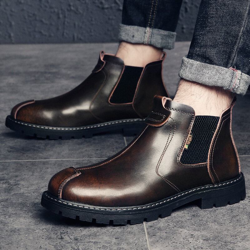 Mænd Ægte Læder Slip-on Skridsikker Plus Velvet Warm Chelsea Boots Martin Boots