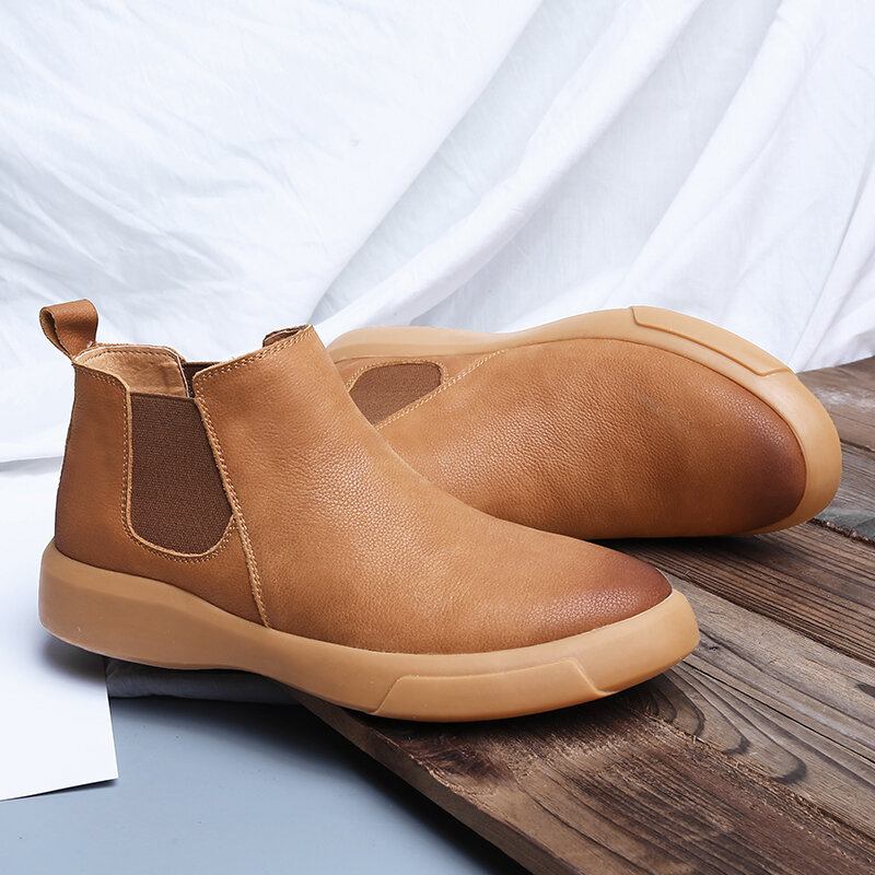 Mænd Comfy Kohud Læder Skridsikre Elastiske Slip On Casual Chelsea-støvler