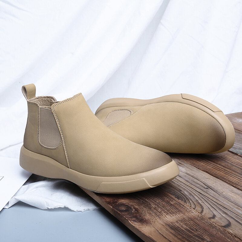 Mænd Comfy Kohud Læder Skridsikre Elastiske Slip On Casual Chelsea-støvler