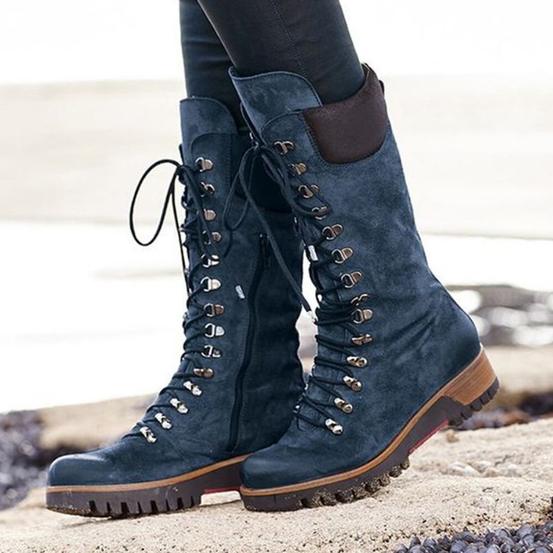 Plus Size Dame Bærbare Ruskind Sidelynlås Mid Calf Combat Boots