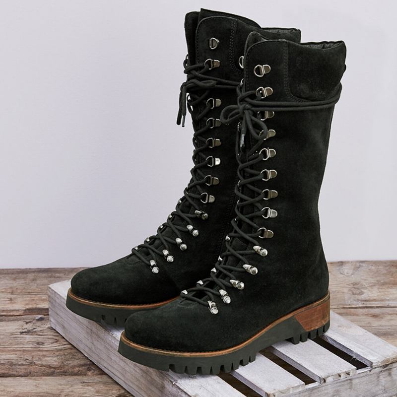 Plus Size Dame Bærbare Ruskind Sidelynlås Mid Calf Combat Boots