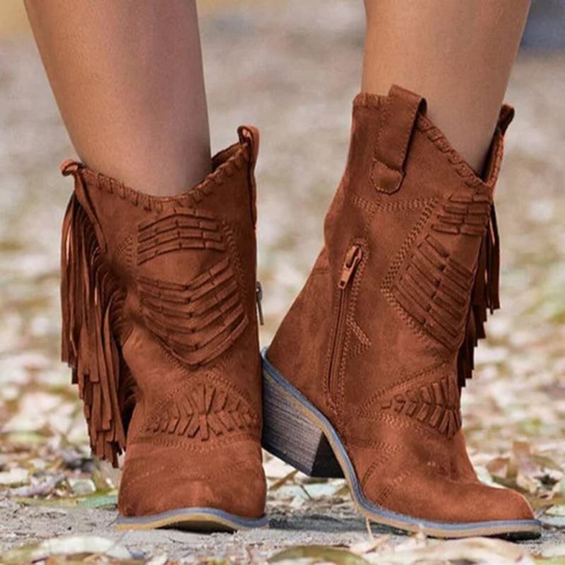 Plus Size Dame Kvast Sidelynlås Chunky Heel Cowboystøvler Mellem Læg