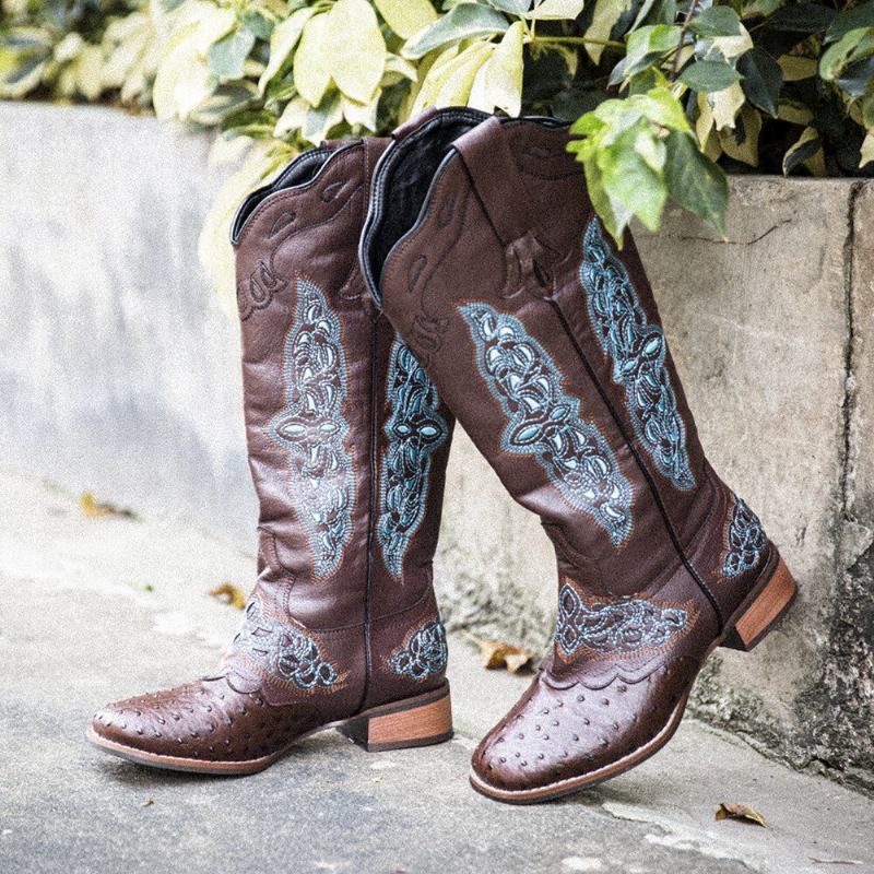 Plus Size Dame Retro Blomsterbroderede Mid Calf Cowboystøvler