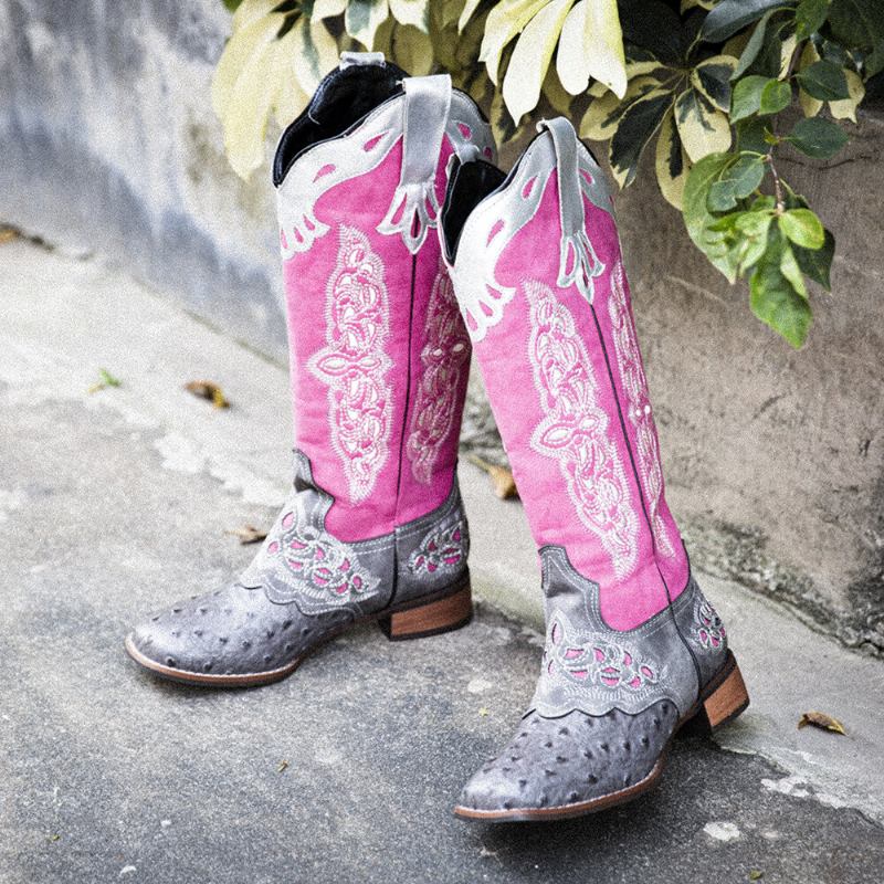 Plus Size Dame Retro Blomsterbroderede Mid Calf Cowboystøvler