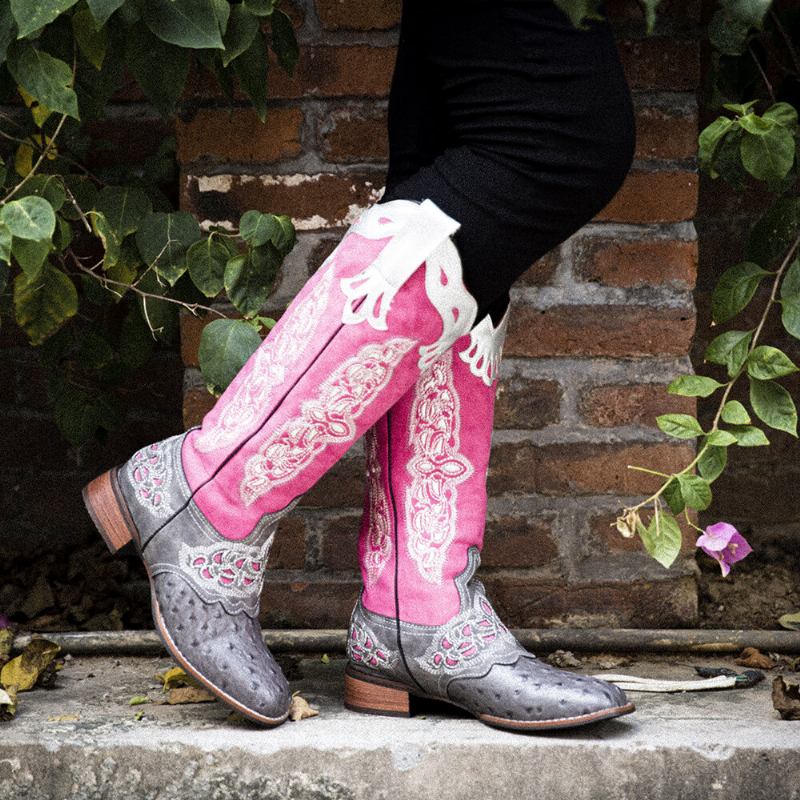 Plus Size Dame Retro Blomsterbroderede Mid Calf Cowboystøvler