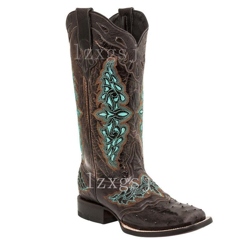 Plus Size Dame Retro Blomsterbroderede Mid Calf Cowboystøvler