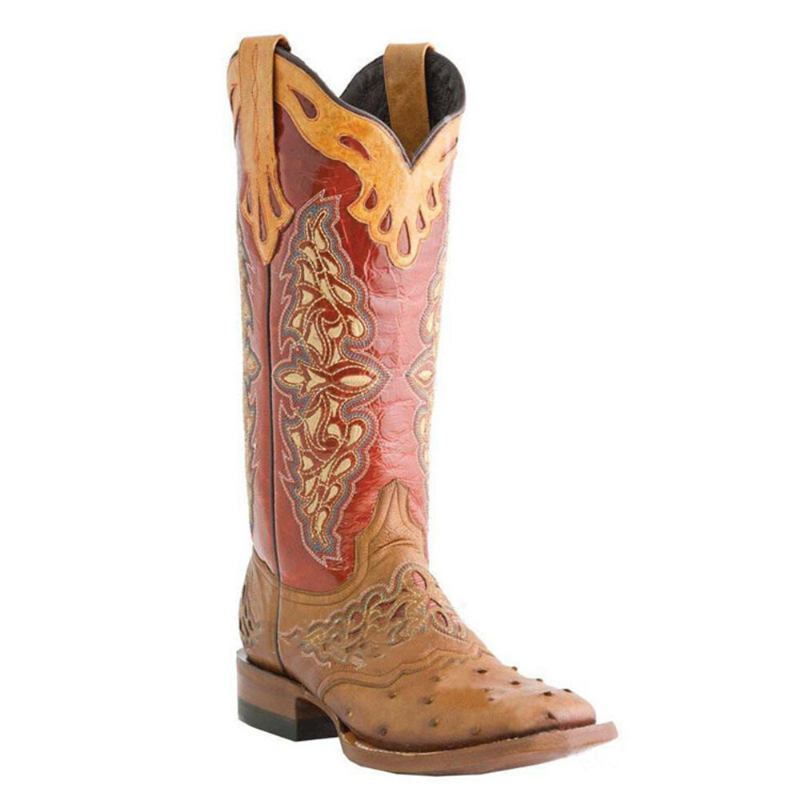 Plus Size Dame Retro Blomsterbroderede Mid Calf Cowboystøvler