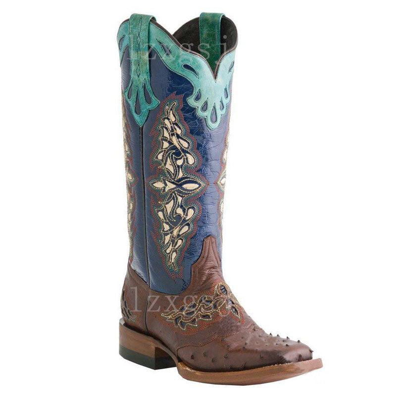 Plus Size Dame Retro Blomsterbroderede Mid Calf Cowboystøvler