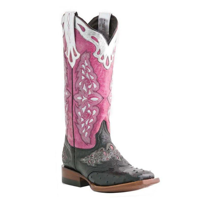 Plus Size Dame Retro Blomsterbroderede Mid Calf Cowboystøvler