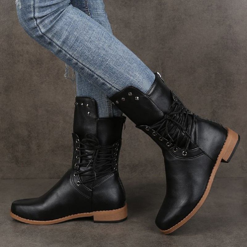 Plus Size Dame Retro Nitte Cross Strap Ryg Lynlås Mid Calf Boots