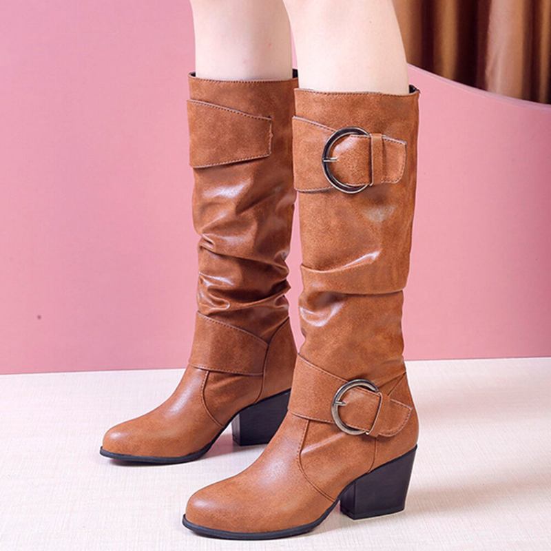 Plus Size Dame Varmt Foring Spænde Slip On Chunky Heel Mid Calf Boots