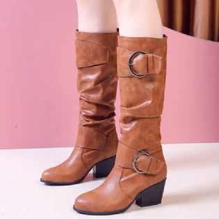 Plus Size Dame Varmt Foring Spænde Slip On Chunky Heel Mid Calf Boots