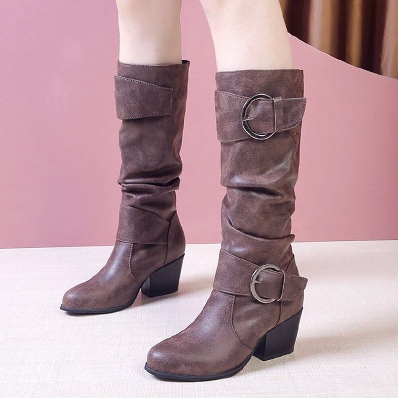 Plus Size Dame Varmt Foring Spænde Slip On Chunky Heel Mid Calf Boots