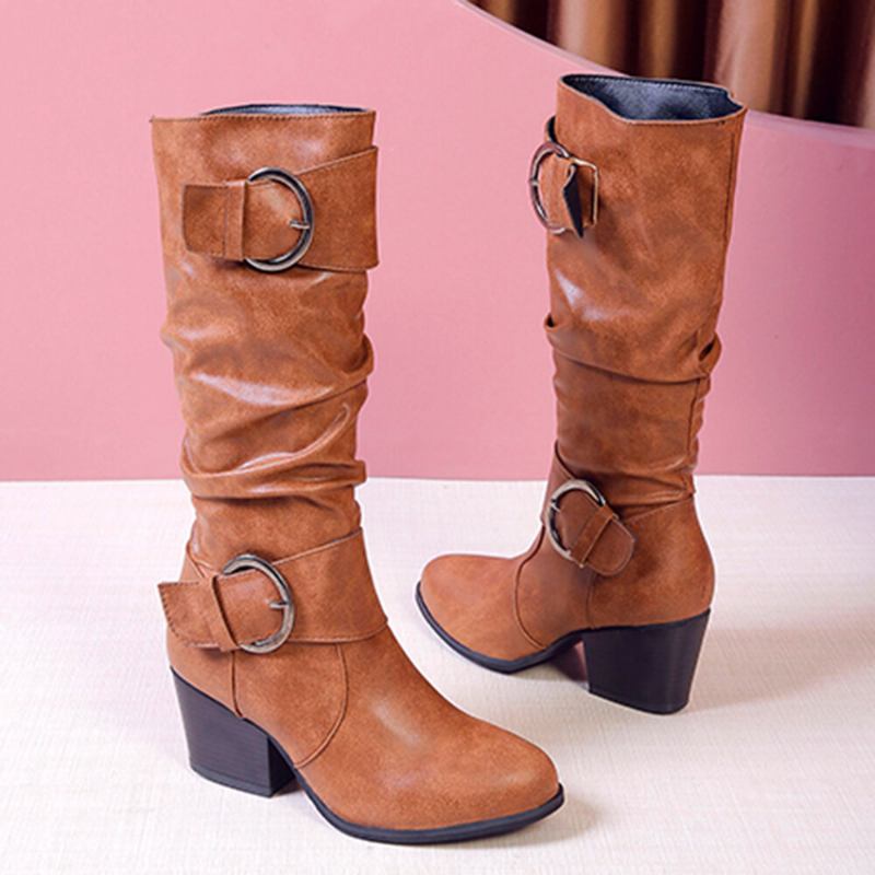 Plus Size Dame Varmt Foring Spænde Slip On Chunky Heel Mid Calf Boots