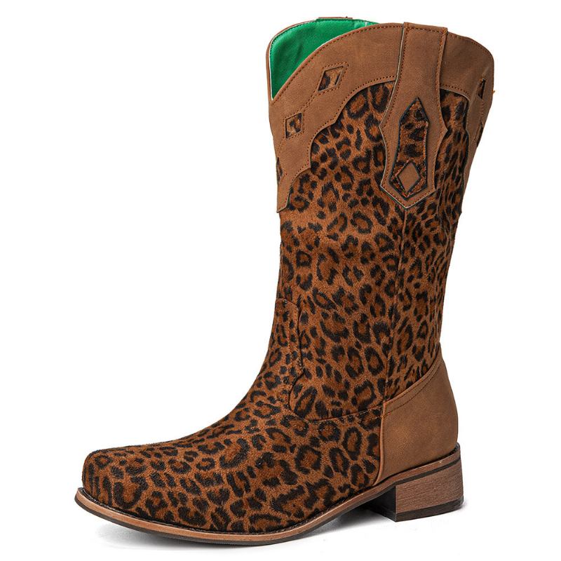 Stor Størrelse Kvinder Retro Etnisk Comfy Square Toe Leopard Cowboystøvler