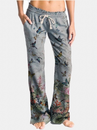 Butterfly Flower Print Snøre Elastisk Talje Casual Bukser Til Kvinder