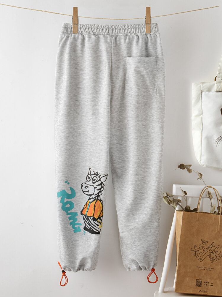 Cartoon Animal Print Snøre Lomme Elastisk Talje Casual Bukser Til Kvinder