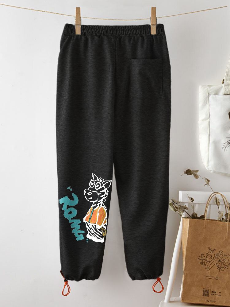 Cartoon Animal Print Snøre Lomme Elastisk Talje Casual Bukser Til Kvinder