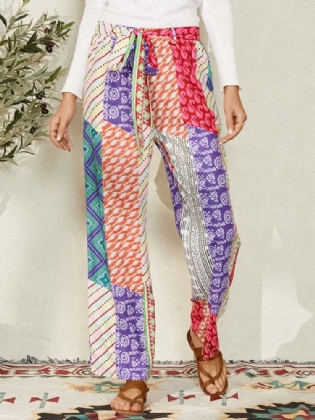 Colorblock Print Bælte Etnisk Stil Løse Bukser Til Kvinder