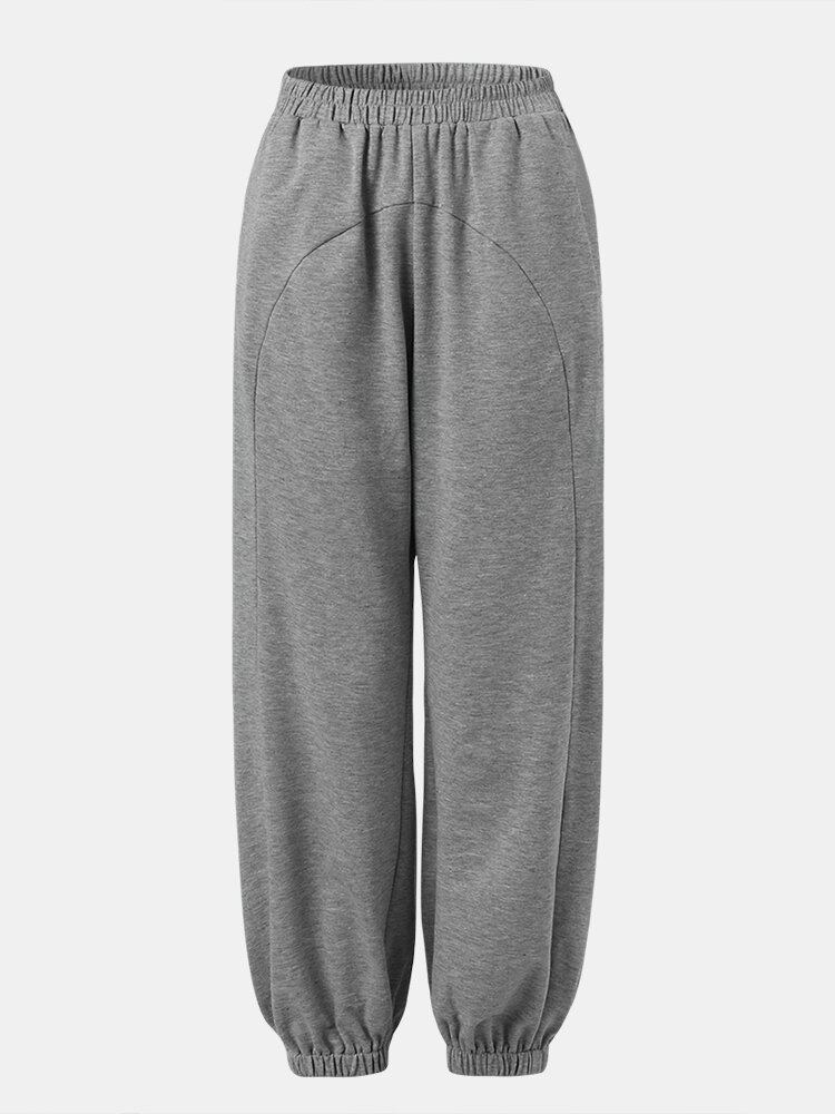 Dame Ensfarvet Elastisk Talje Casual Joggingbukser Med Manchet Og Lomme