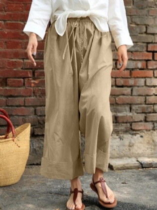 Kvinder Casual Snøre I Taljen Solid Ferie Vintage Bukser Med Brede Ben Med Lommer