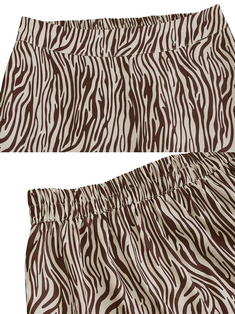 Kvinder Zebra Print Høj Elastisk Talje Stilfulde Casual Bukser Med Brede Ben