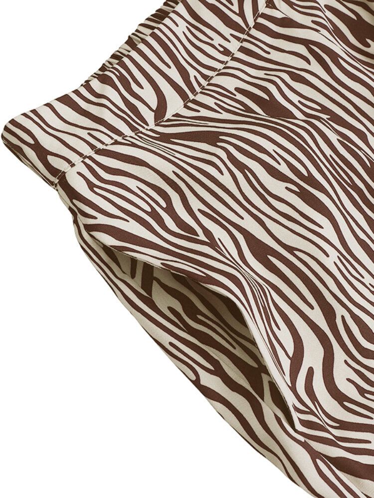 Kvinder Zebra Print Høj Elastisk Talje Stilfulde Casual Bukser Med Brede Ben