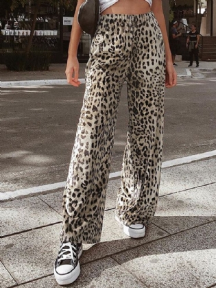 Leopard Plisseret Elastisk Talje Casual Bukser Til Kvinder
