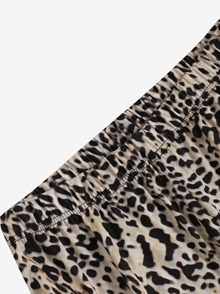 Leopard Plisseret Elastisk Talje Casual Bukser Til Kvinder