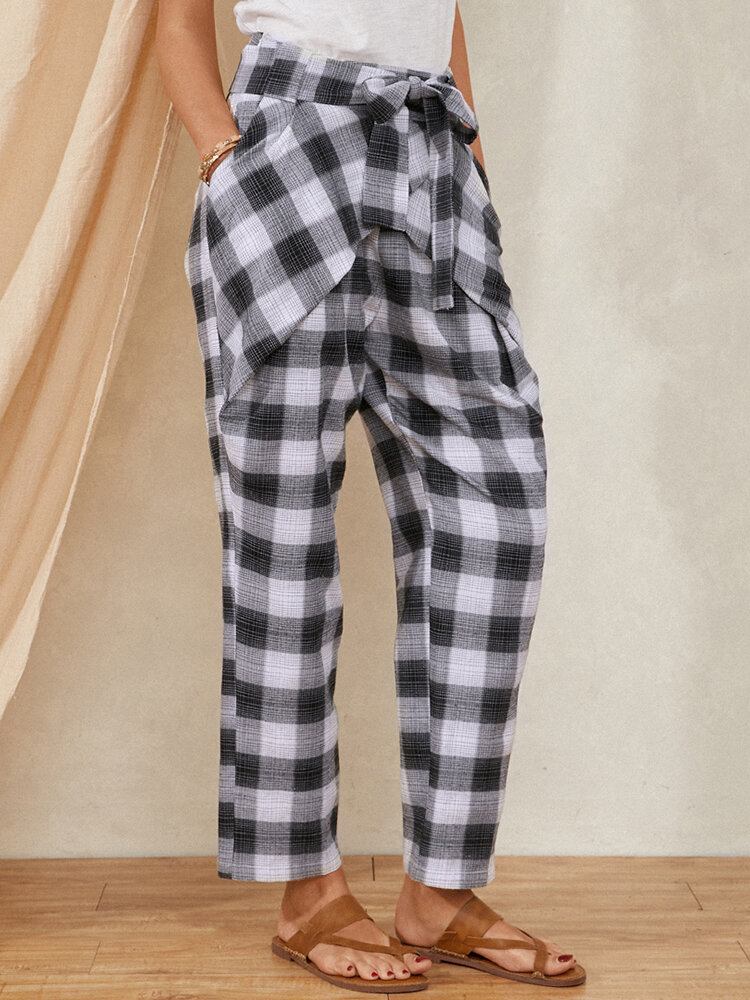 Plaid Print Knotted Pocket Højtaljede Løse Casual Bukser Til Kvinder