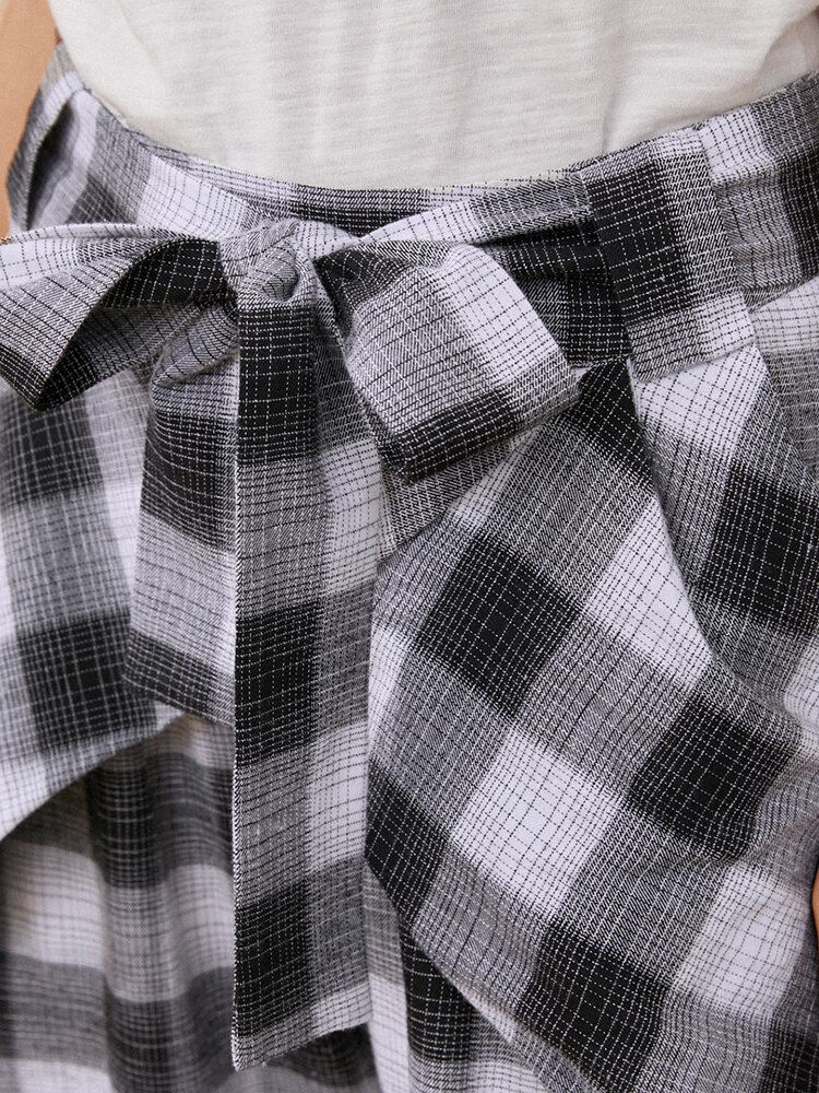 Plaid Print Knotted Pocket Højtaljede Løse Casual Bukser Til Kvinder