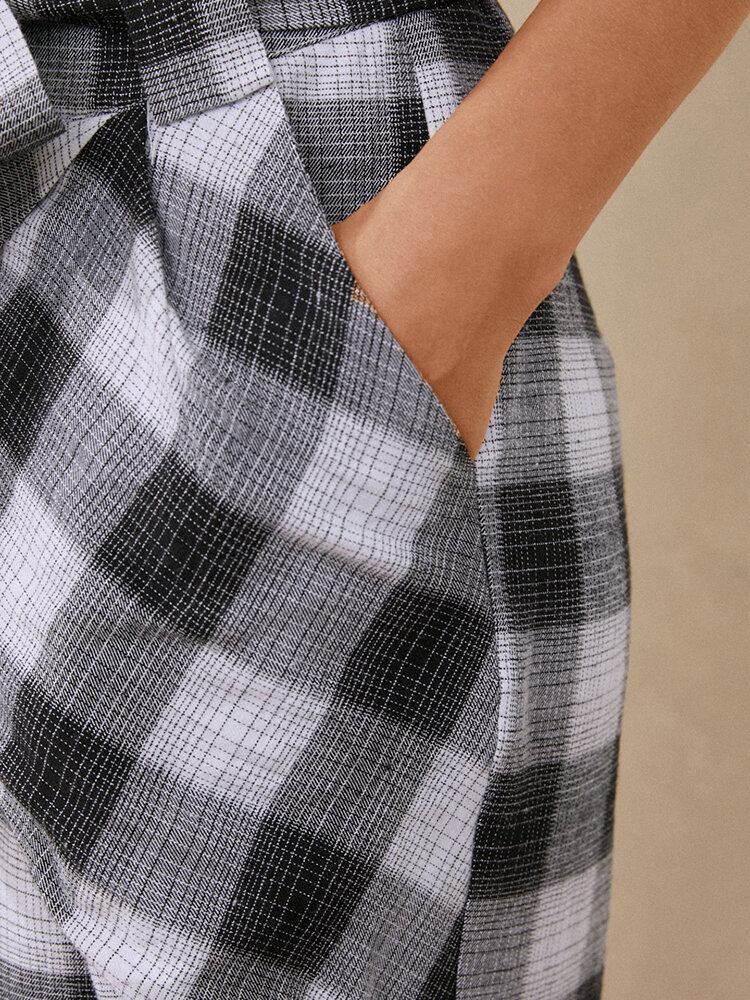 Plaid Print Knotted Pocket Højtaljede Løse Casual Bukser Til Kvinder