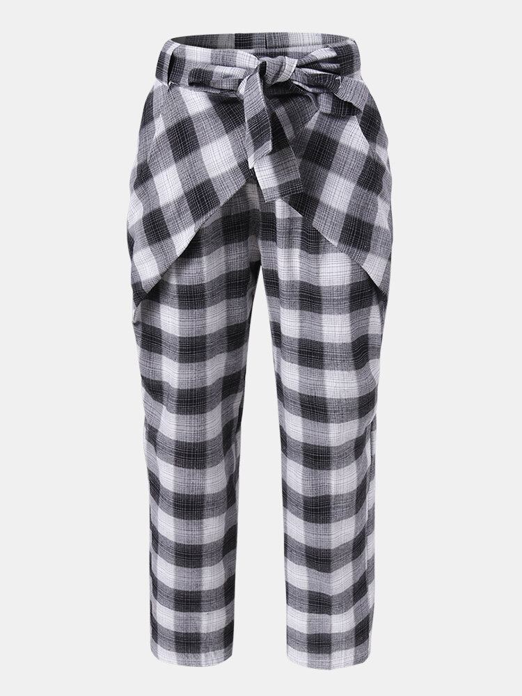 Plaid Print Knotted Pocket Højtaljede Løse Casual Bukser Til Kvinder