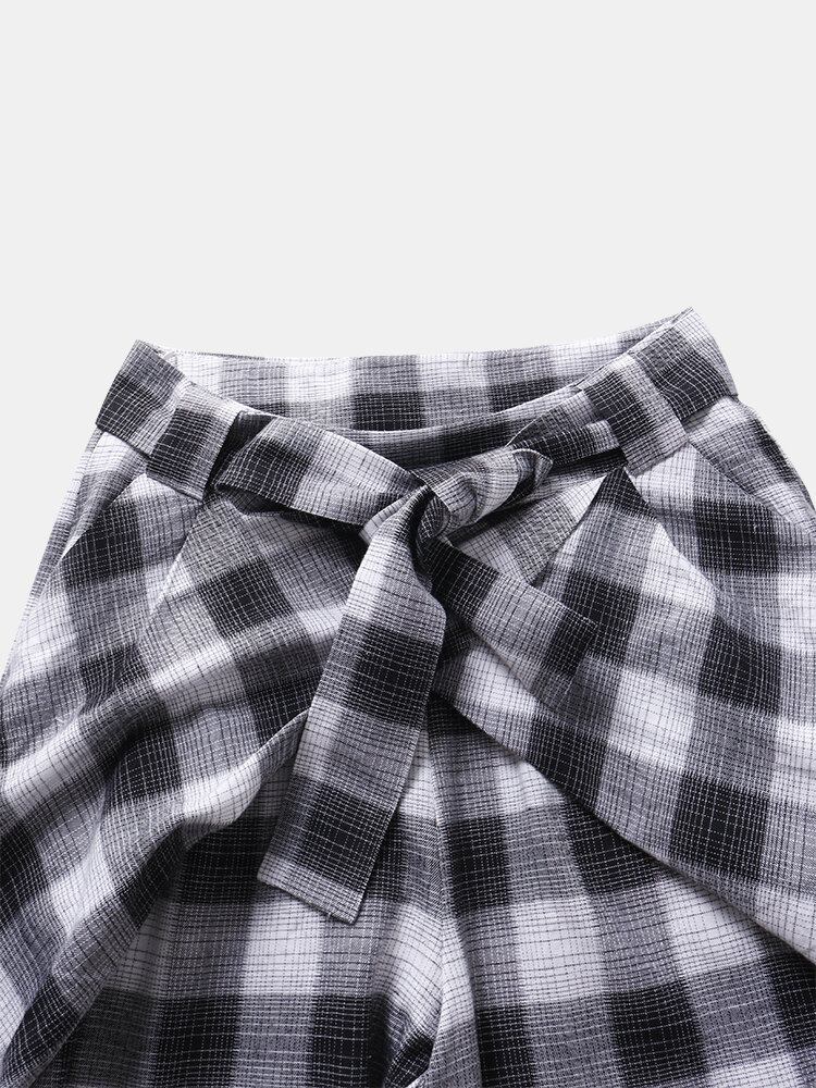 Plaid Print Knotted Pocket Højtaljede Løse Casual Bukser Til Kvinder