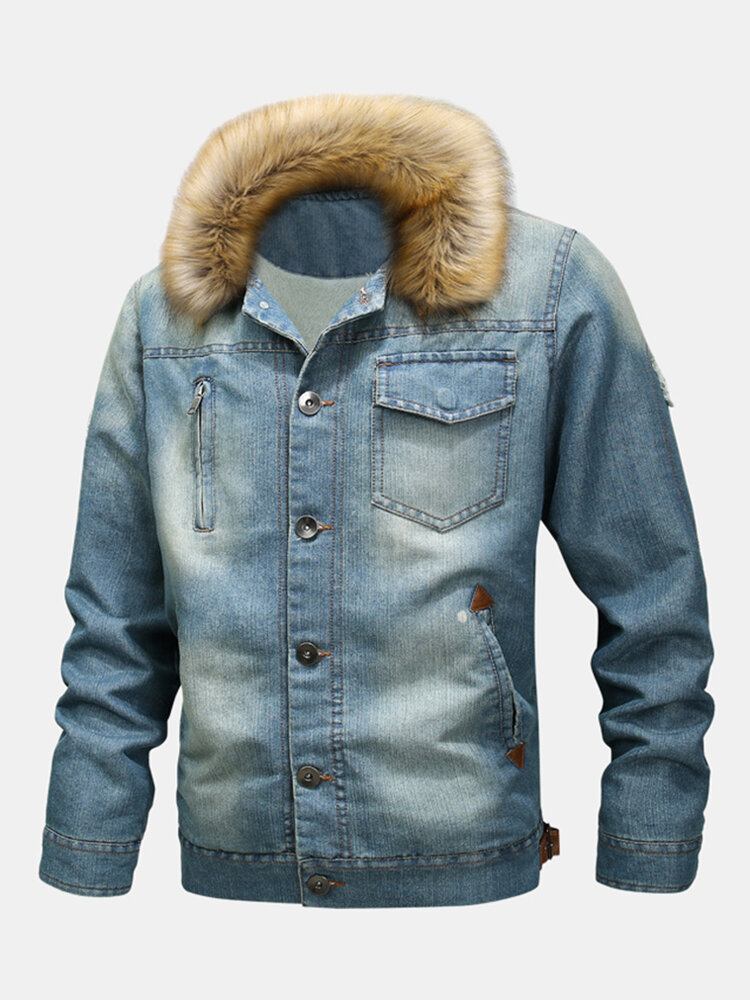 Herremode 100% Bomuld Lommer Denim Fleece Fortykket Standkrave Casual Jakke