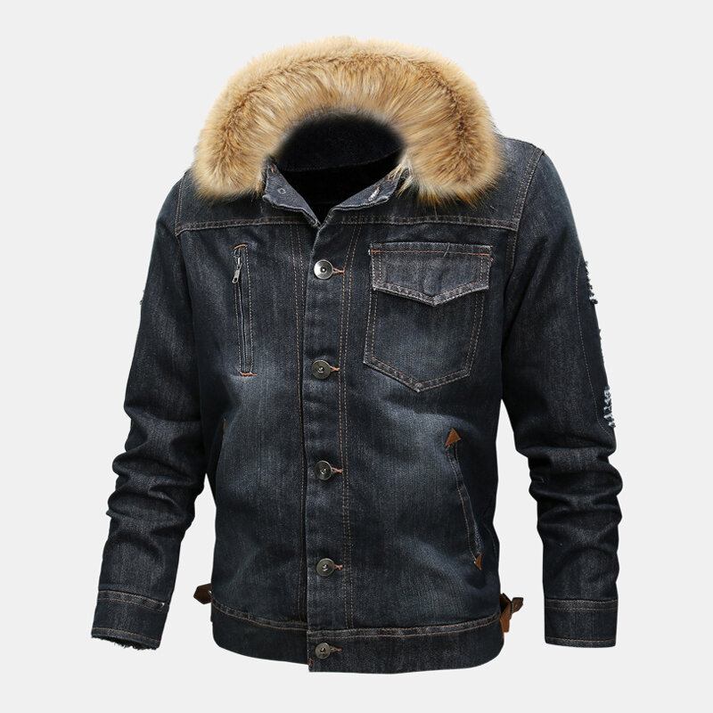 Herremode 100% Bomuld Lommer Denim Fleece Fortykket Standkrave Casual Jakke