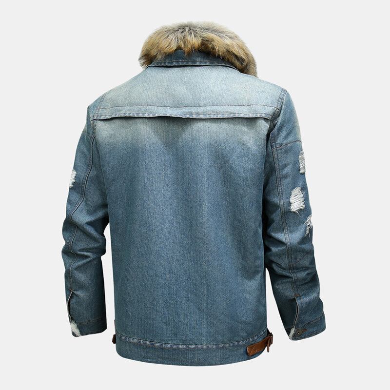 Herremode 100% Bomuld Lommer Denim Fleece Fortykket Standkrave Casual Jakke