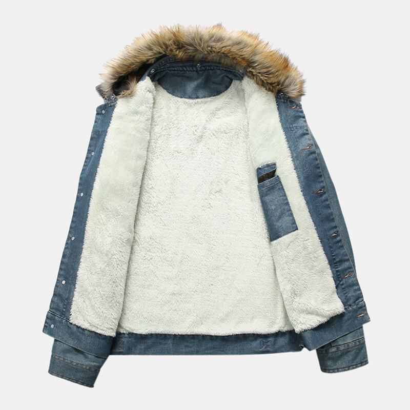 Herremode 100% Bomuld Lommer Denim Fleece Fortykket Standkrave Casual Jakke