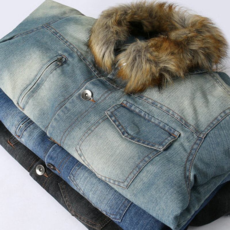 Herremode 100% Bomuld Lommer Denim Fleece Fortykket Standkrave Casual Jakke