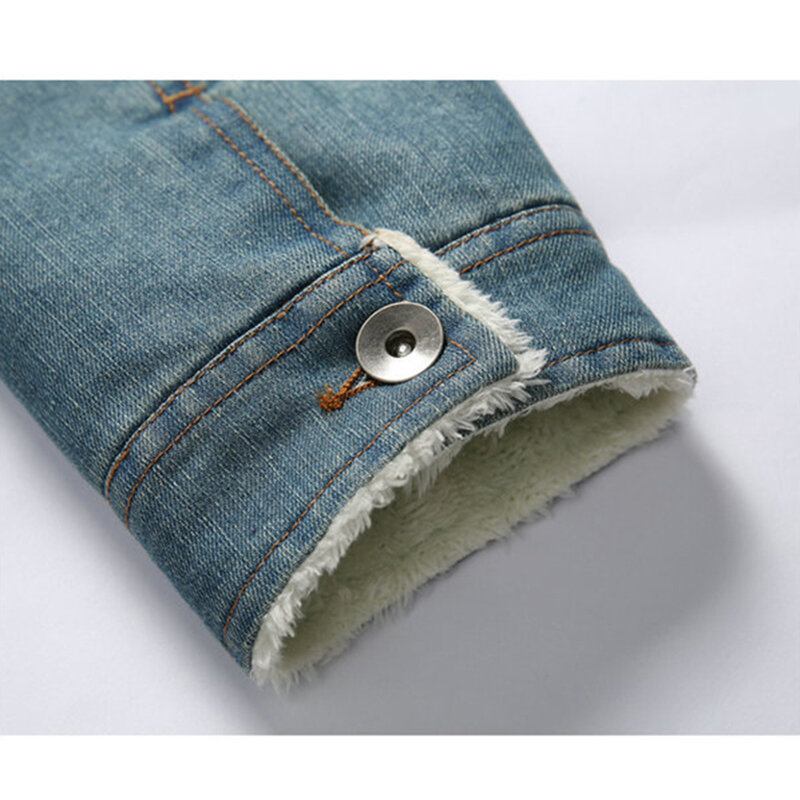 Herremode 100% Bomuld Lommer Denim Fleece Fortykket Standkrave Casual Jakke