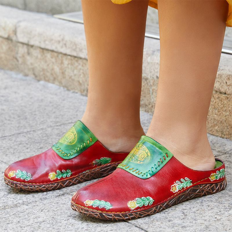 Håndlavet Ægte Læder Retro Etnisk Blomster Slip-on Komfortable Lukket Tå Hjemmesko