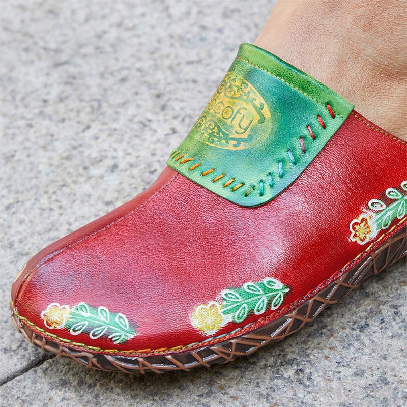 Håndlavet Ægte Læder Retro Etnisk Blomster Slip-on Komfortable Lukket Tå Hjemmesko