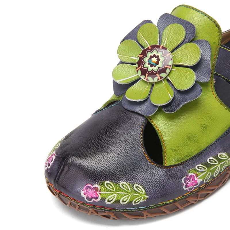 Håndlavet Ægte Læder Retro Etnisk Blomsterudsmykket Slip-on Komfortable Lukkede Tøfler