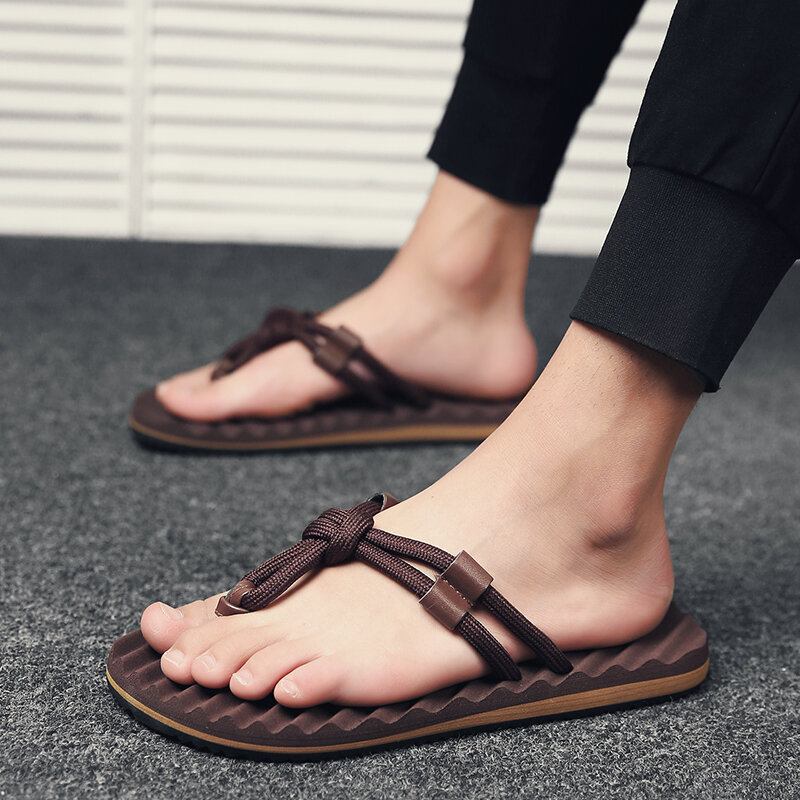 Mænd Åndbare Vævede Snørebånd Blød Bund Skridsikre Behagelige Flip Flops Casual Hjemmesko