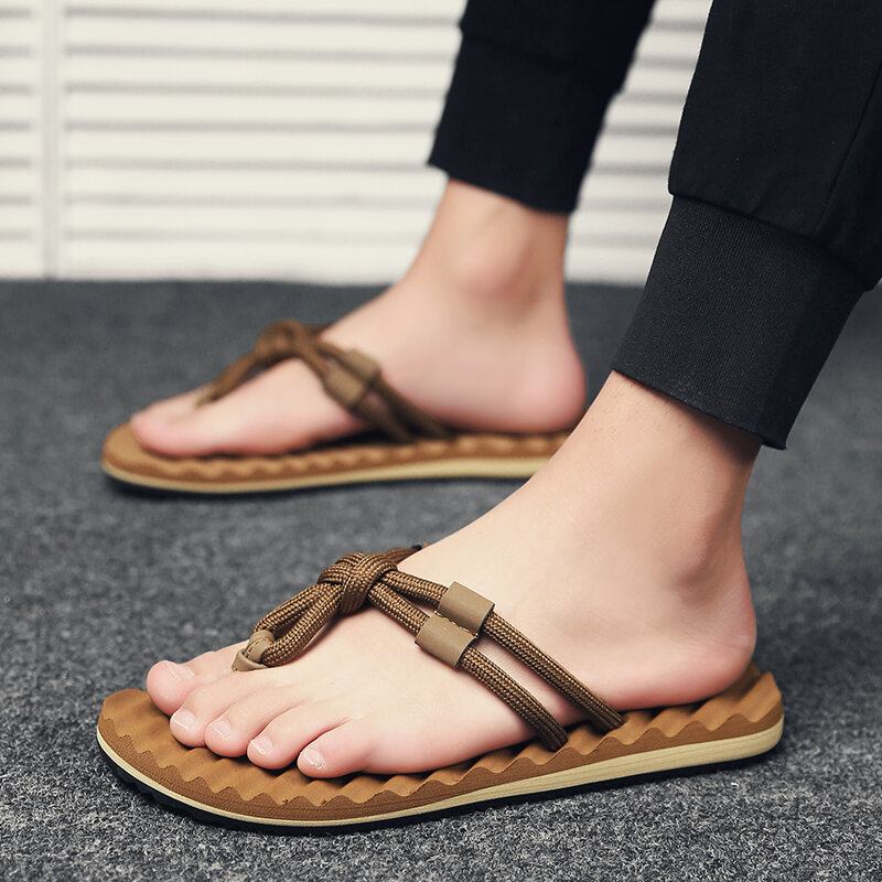 Mænd Åndbare Vævede Snørebånd Blød Bund Skridsikre Behagelige Flip Flops Casual Hjemmesko