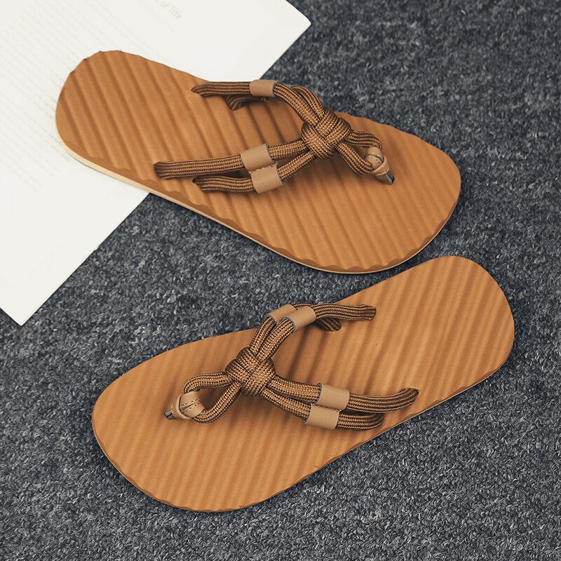 Mænd Åndbare Vævede Snørebånd Blød Bund Skridsikre Behagelige Flip Flops Casual Hjemmesko