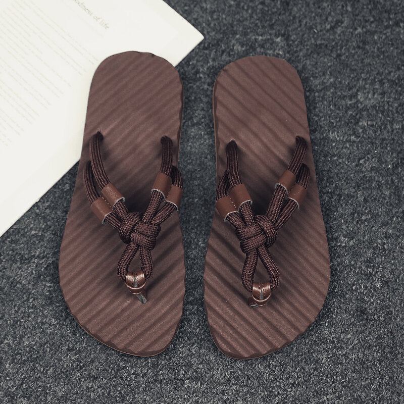 Mænd Åndbare Vævede Snørebånd Blød Bund Skridsikre Behagelige Flip Flops Casual Hjemmesko